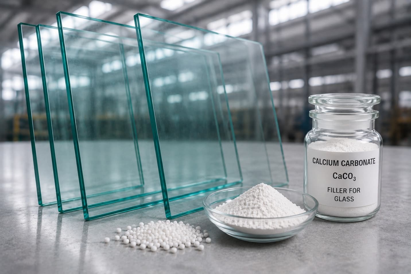 Calcium carbonate filler for glass manufacturing in industrial facility